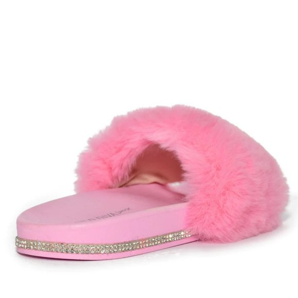SALE! Rhinestone Embellished Faux Fur Fluffy Open Toe Flat Slide Sandals - Picture 4 of 4
